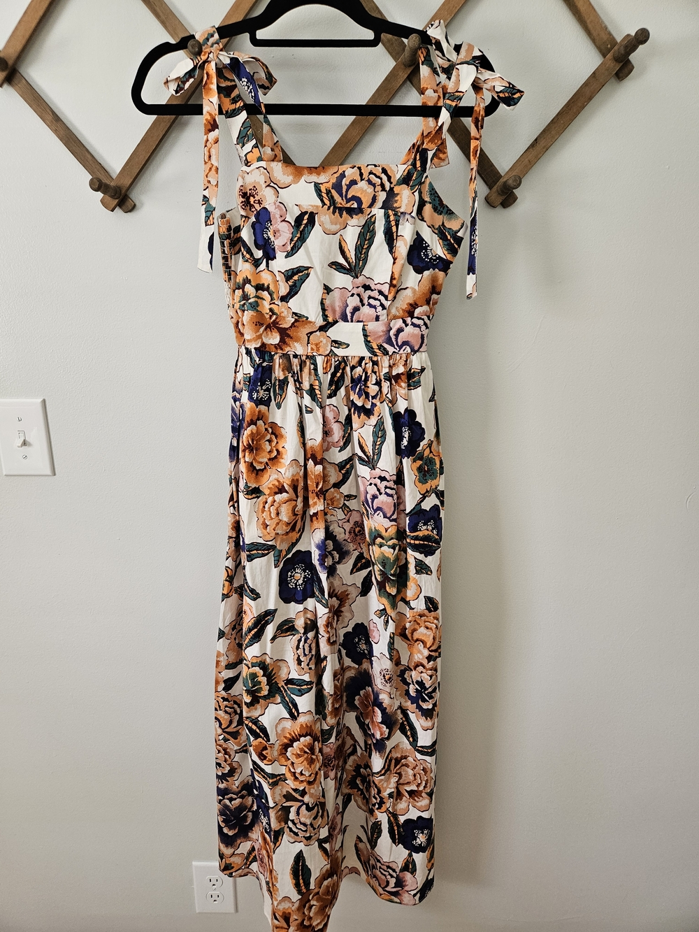 Rachel Zoe Floral Tie-Shoulder Midi Dress in White, Orange and Navy